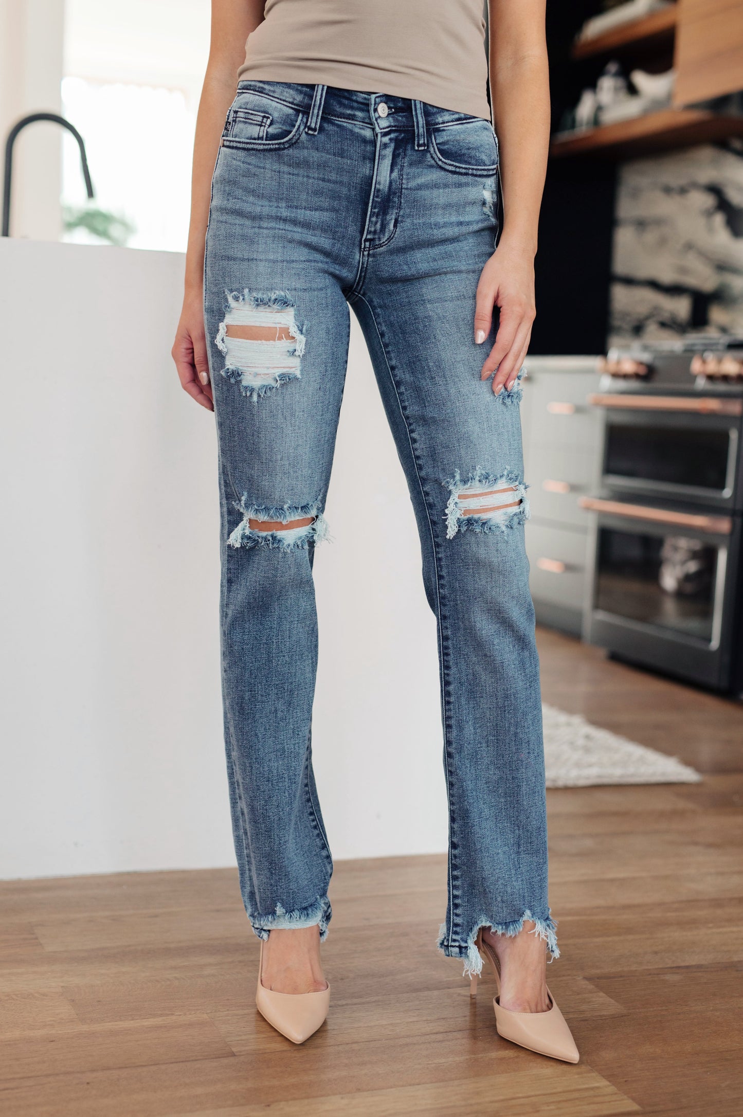 O'Hara Mid Rise Destroyed Straight Jeans in Medium Wash